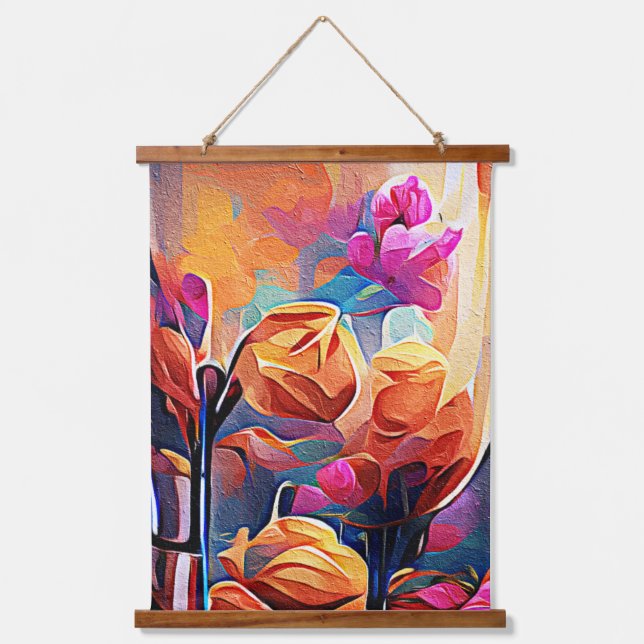 Tapisserie Suspendue Floral Abstract Art Orange Red Blue Flowers (Recto)