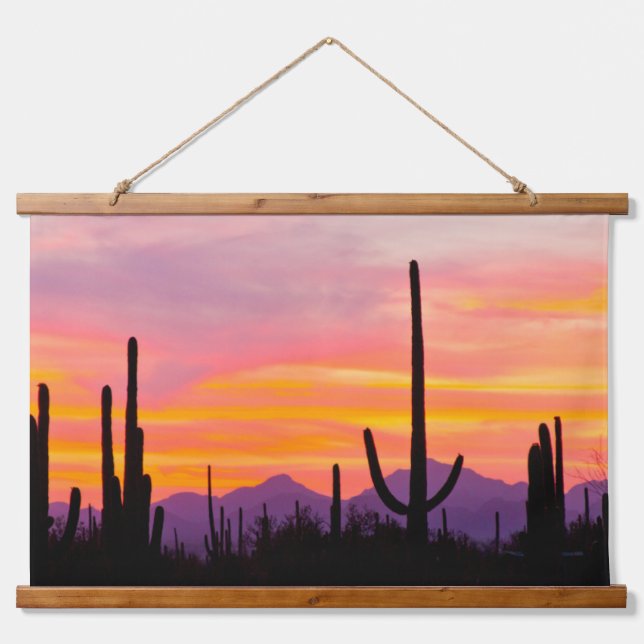 Tapisserie Suspendue Forêt de Cactus du Saguaro au coucher du soleil (Devant)