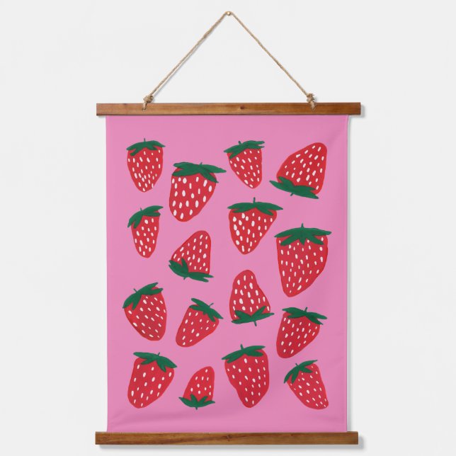 Tapisserie Suspendue Fraises d'été bio rouge sur arrière - plan rose (Recto)