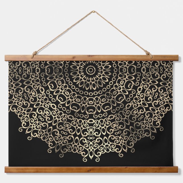 Tapisserie Suspendue Gold Noir Mandala Chic Trippy Psychedelic Hippie (Devant)