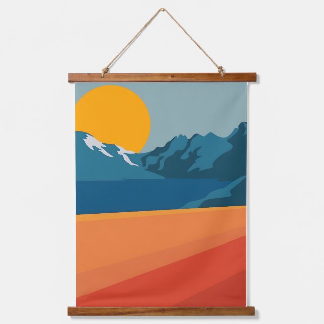 Tapisserie Suspendue Gras Retro Mountain Scene - Rouge et Bleu Minimali (Recto)