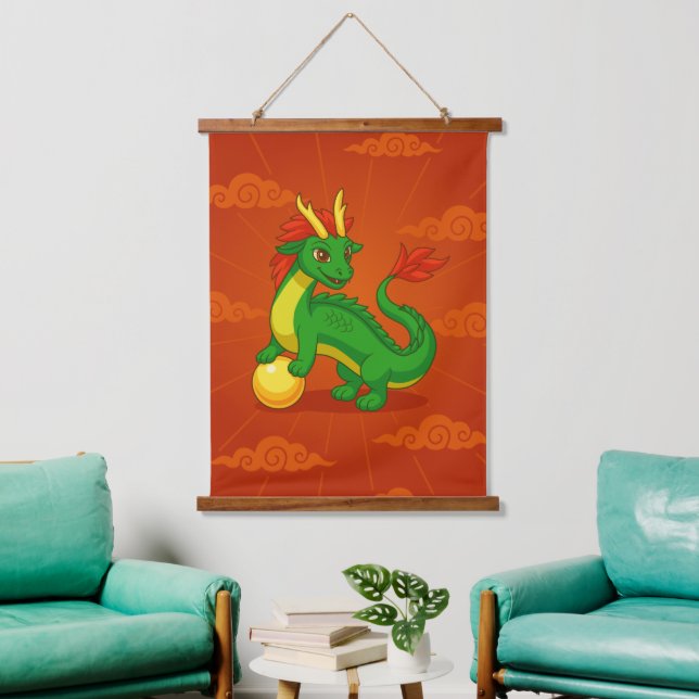 Tapisserie Suspendue Green Chinese Dragon on Red (Salon)