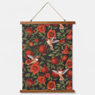 Tapisserie Suspendue Grenades et colibris/feuilles verts en noir