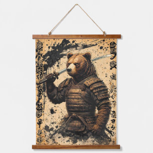 Tapisserie Suspendue Grizzly Bear Samurai Warrier - Style encre japonai