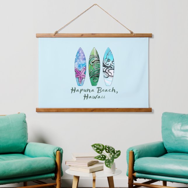 Tapisserie Suspendue Hapuna Beach Hawaii Watercolor Surboards (Salon)