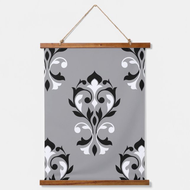 Tapisserie Suspendue Heart Damask Lg Motif I Black+White on Grey (Recto)