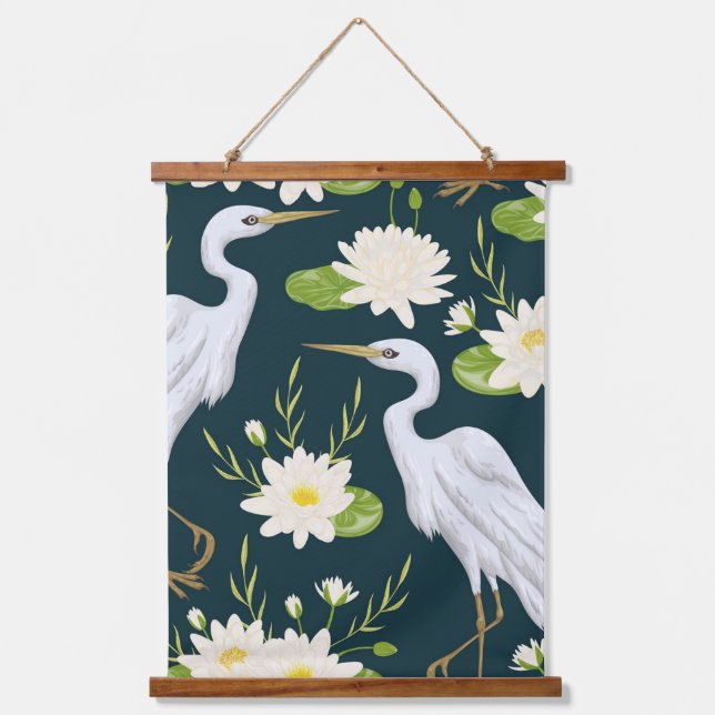 Tapisserie Suspendue Herons White Lily Green Foliage Waterage Paysage (Recto)