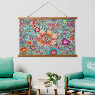 Tapisserie Suspendue Hippie rétro : Jardin de fleurs jaunes