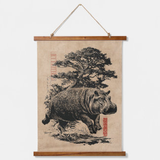 Tapisserie Suspendue Hippo et bonsaï | Wabi Sabi Japandi Art