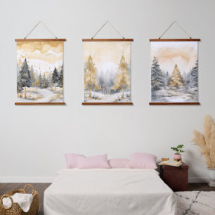Tapisserie Suspendue Hiver Gold et Gris Forêts Arbres Neige Étincelles