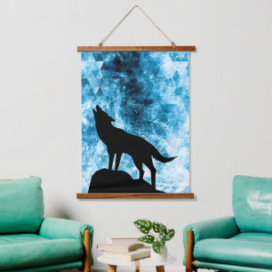 Tapisserie Suspendue Howling Wolf Hiver neige bleue fumée Abstraite