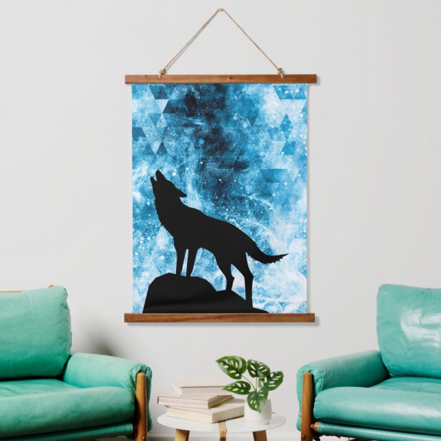 Tapisserie Suspendue Howling Wolf Hiver neige bleue fumée Abstraite (Salon)