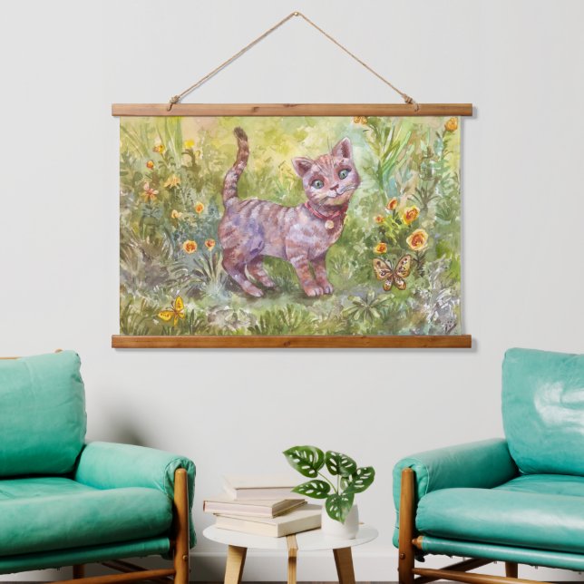 Tapisserie Suspendue Illustration Cute Kitten Garden Papillon Fleurs (Salon)