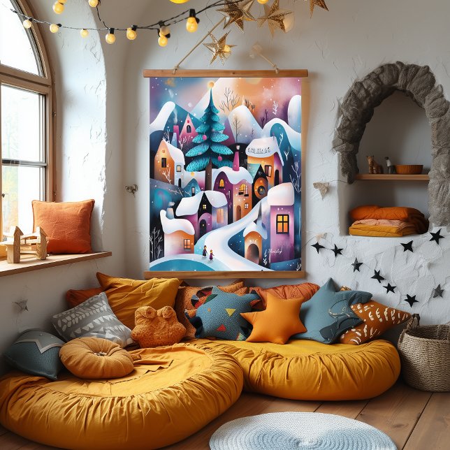 Tapisserie Suspendue Illustration fantasque du village d'hiver (Créateur téléchargé)