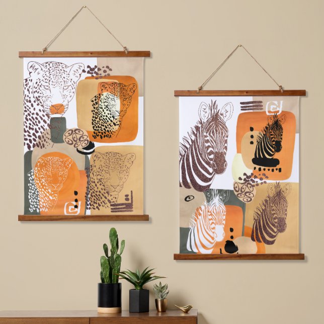 Tapisserie Suspendue Jaguar Zebra Earth Tones Moderne Pop Art Abstrait (Asymétrique)