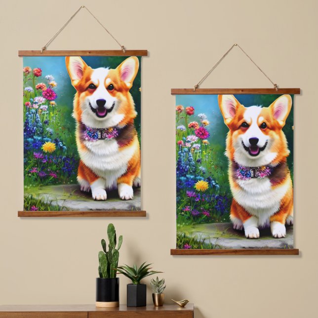 Tapisserie Suspendue Jardin aux fleurs de Corgi (Asymétrique)