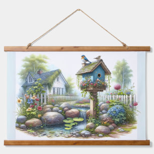Tapisserie Suspendue Jardin de maisonnette à l'aquarelle avec nichoir à