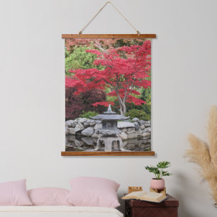 Tapisserie Suspendue Jardin japonais Lanterne et Feuilles d'érable roug