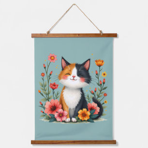 Tapisserie Suspendue Joli Chat Calico avec Esthétique Florale Cottageco