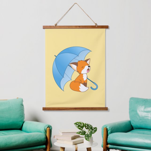 Tapisserie Suspendue Joli Petit Renard Sleepy sous Parapluie Jaune (Salon)