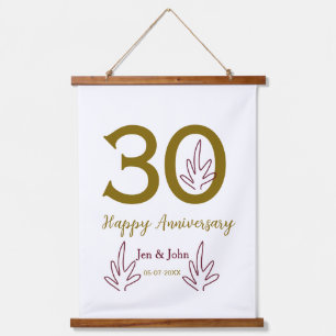 Tapisserie Suspendue Joyeux 30e anniversaire nom date feuille rouge dor