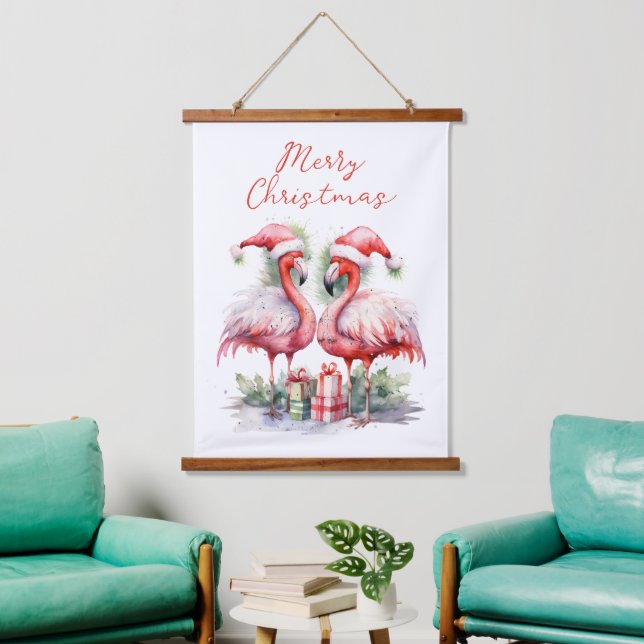 Tapisserie Suspendue Joyeux Flamants roses roses de Noël (Salon)