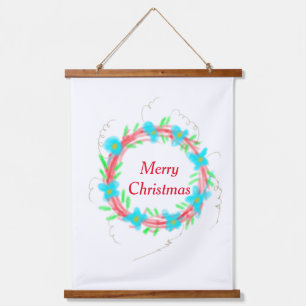 Tapisserie Suspendue Joyeux Noël bleu rouge guirlande aquarelle vacance