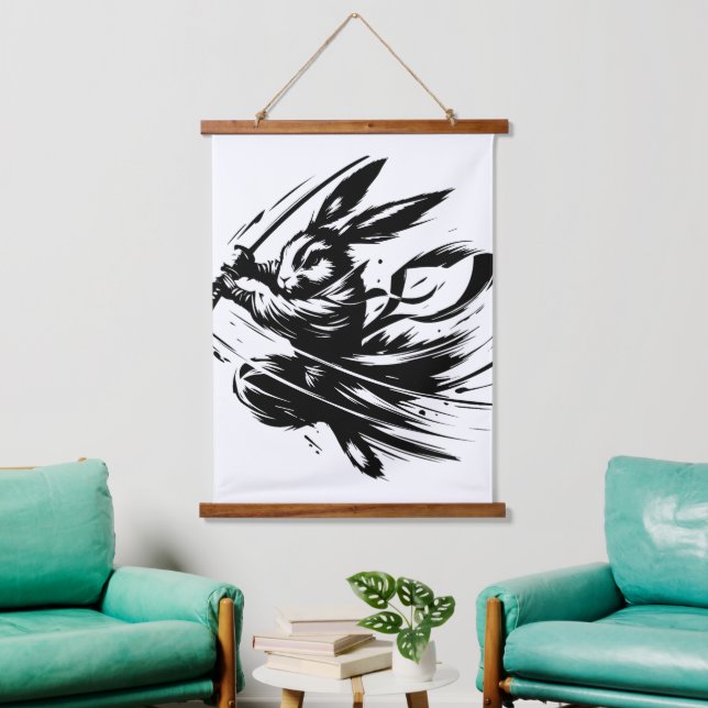 Tapisserie Suspendue Lapin Guerrier à l'Encre Noire Samouraï (Salon)