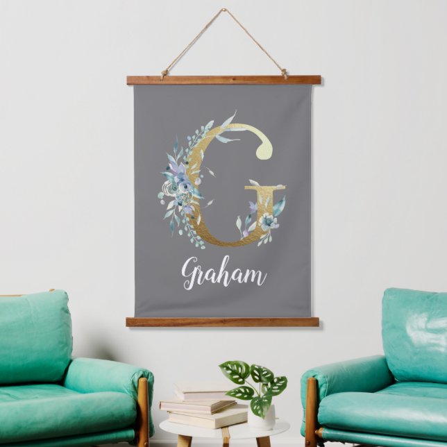 Tapisserie Suspendue Lettre or florale G sur gris (Salon)