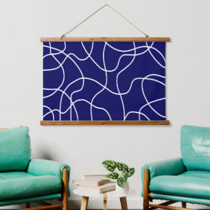 Tapisserie Suspendue Ligne Art : Blanc sur Bleu foncé