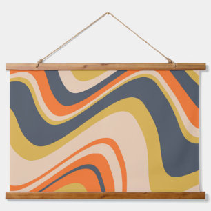 Tapisserie Suspendue Lignes Vastes Rétro - Orange, Marine, Jaune, Beige