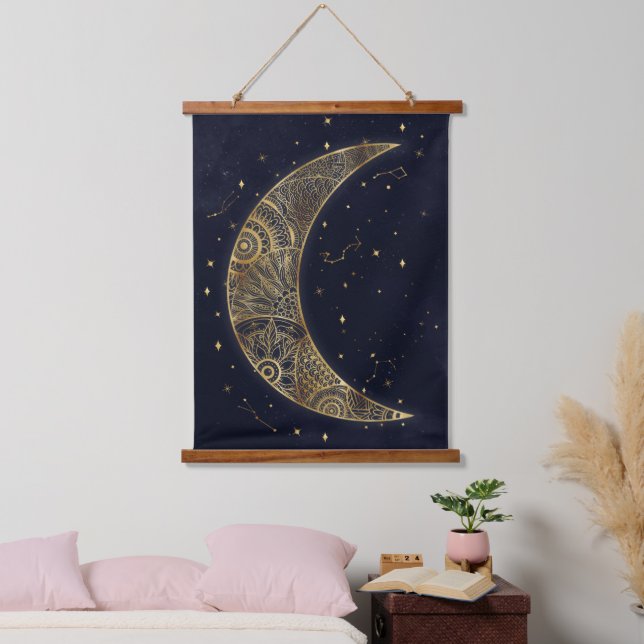 Tapisserie Suspendue Lune d'or céleste esthétique (Chambre à coucher)