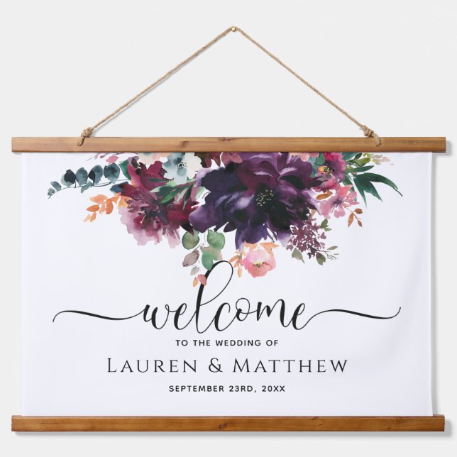 Tapisserie Suspendue Luxueux Mariage Floral Bourgogne Bienvenue (Devant)