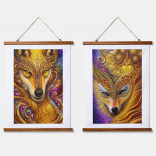 Tapisserie Suspendue Majestic Golden Wolf Pair Imaginaire AI Art