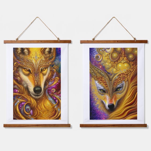 Tapisserie Suspendue Majestic Golden Wolf Pair Imaginaire AI Art (Double)