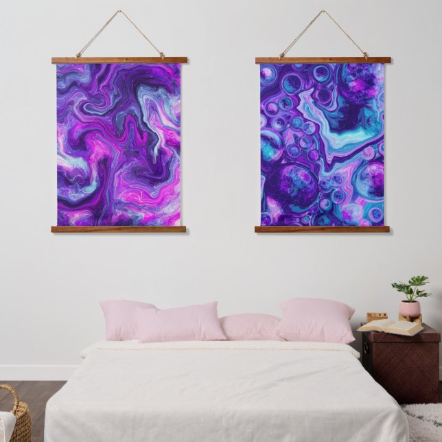 Tapisserie Suspendue Marbre bleu violet tourbillons et bulles (Chambre à coucher)