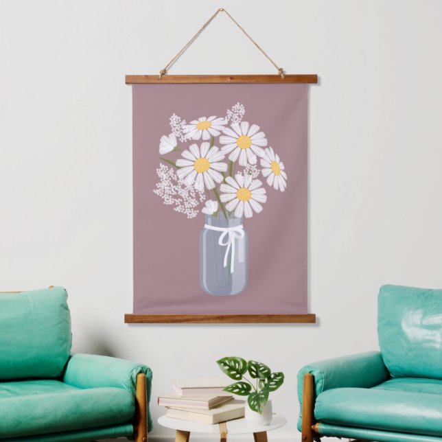 Tapisserie Suspendue Marguerites blanches Mason Jar sur Rosy Brown (Salon)