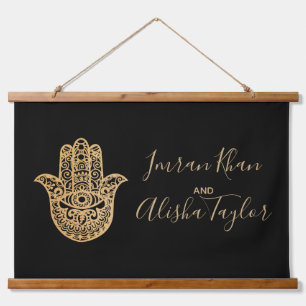 Tapisserie Suspendue Mariage indien Enregistrer la date Gold hamsa Henn