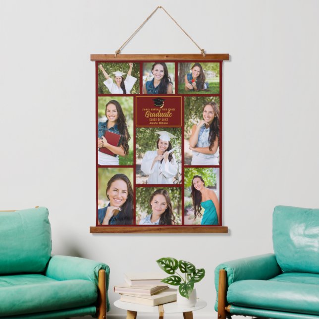 Tapisserie Suspendue Maroon Gold Graduate Photo Collage Graduation (Salon)