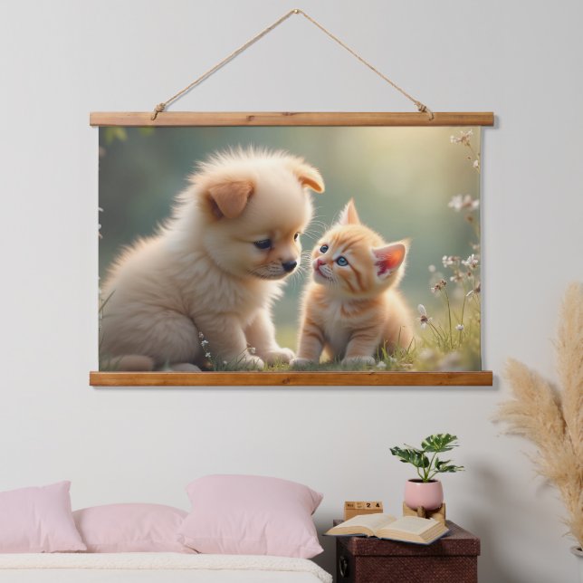 Tapisserie Suspendue Meilleurs amis - mignon chiot et chaton dans l'her (Chambre à coucher)