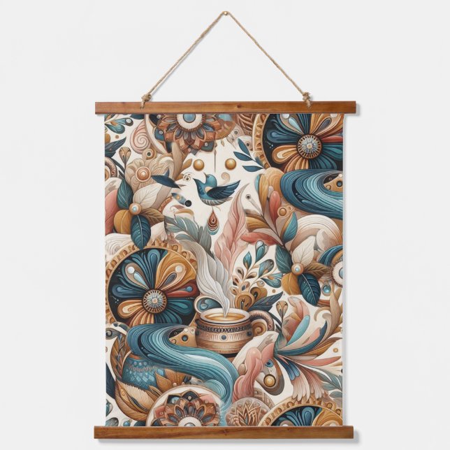 Tapisserie Suspendue Mélange bohème turquoise, magenta, violet sur crèm (Recto)