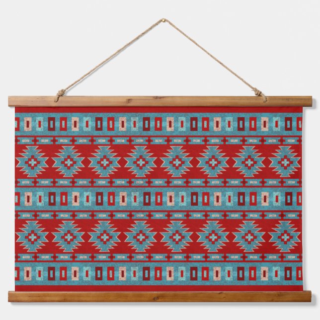 Tapisserie Suspendue Mesas Sud-Ouest Turquoise et Motif géométrique rou (Devant)