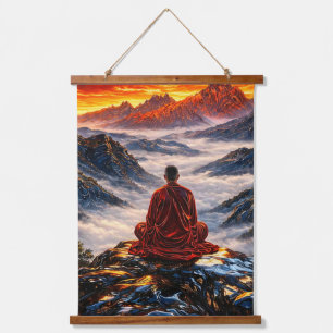 Tapisserie Suspendue Moine méditant sur une montagne au coucher du sole