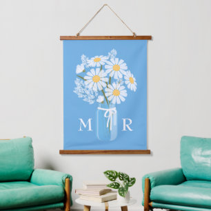 Tapisserie Suspendue Monogramme Mason Jar blanc sur bleu