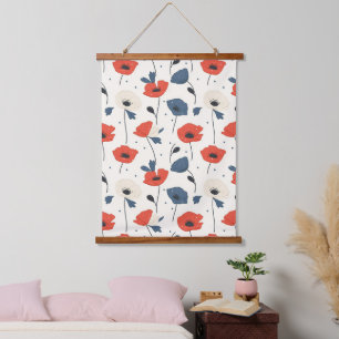 Tapisserie Suspendue Motif de Poppies d'aquarelle - Rouge, Bleu et Blan