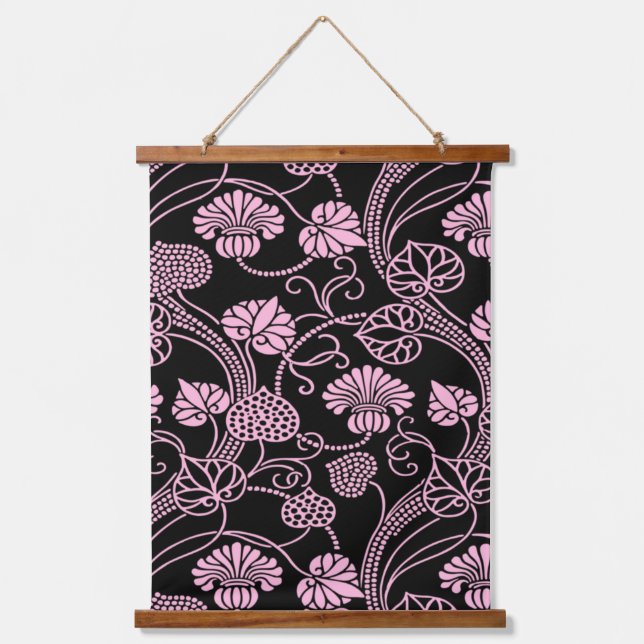 Tapisserie Suspendue Motif floral rétro rose sur fond noir (Recto)
