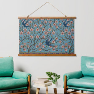 Tapisserie Suspendue Motif rétro de l'hirondelle à fleurs bleues par Wa