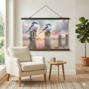 Tapisserie Suspendue Oiseaux au pastel à l'aquarelle sur un poteau de c