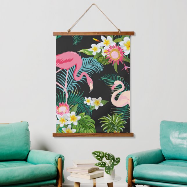 Tapisserie Suspendue Oiseaux tropicaux Fleurs Flamant rose Paysage aqua (Salon)