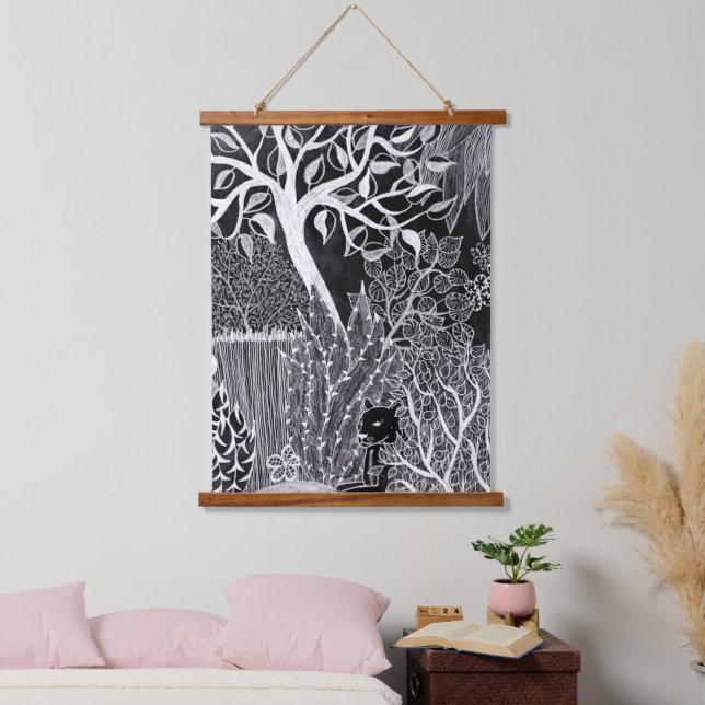 Tapisserie Suspendue Panthère noire dans la jungle - dessin au crayon (Chambre à coucher)